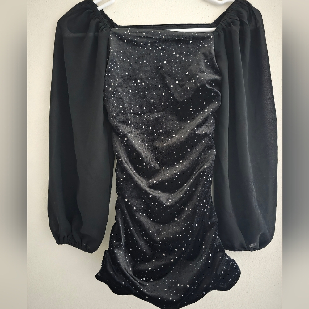 Macy Kids With Jules‎ Black Puffer Velvet Dress Sleeve Side Ruching Size Small